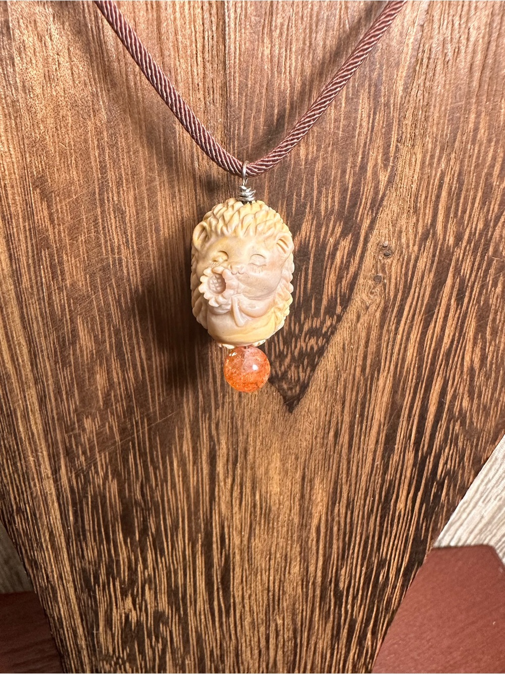 Alashan Agate Hedgehog Charm Pendant Necklace with Sunstone on Brown Rope - Picture 11 of 14